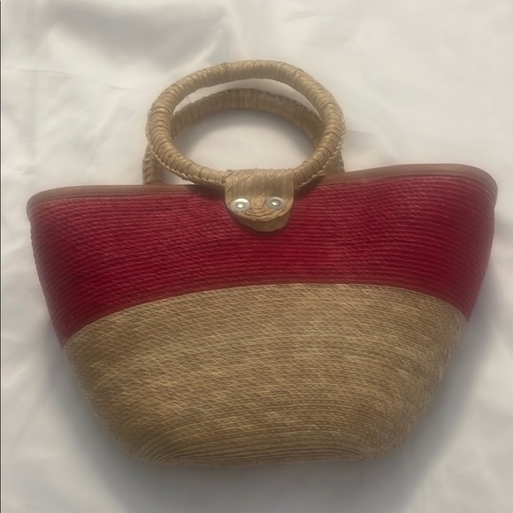 Vibrant Red and Tan Woven Tote with Basket Shape - Picture 2 of 6